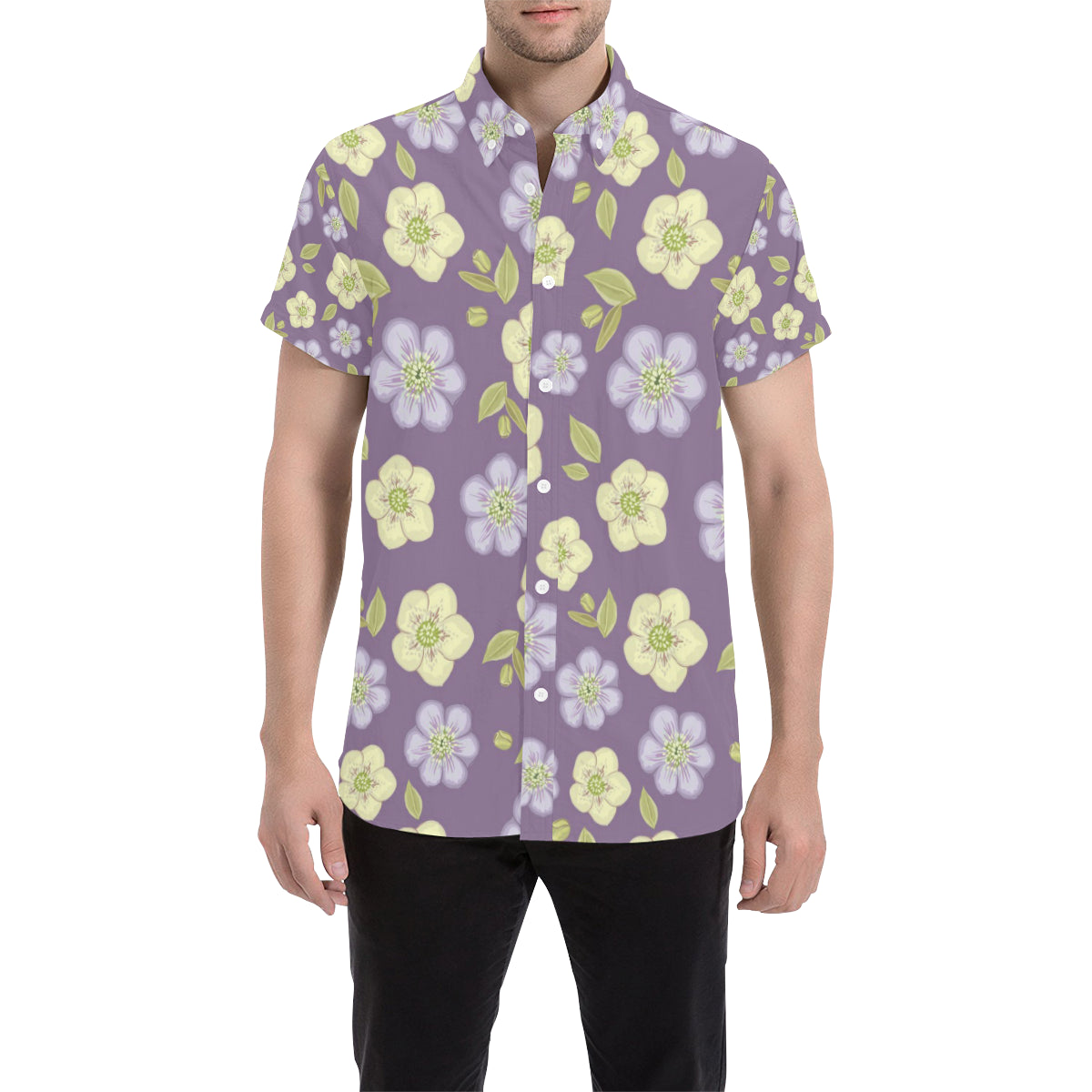 Anemone Pattern Print Design AM013 Men's Short Sleeve Button Up Shirt