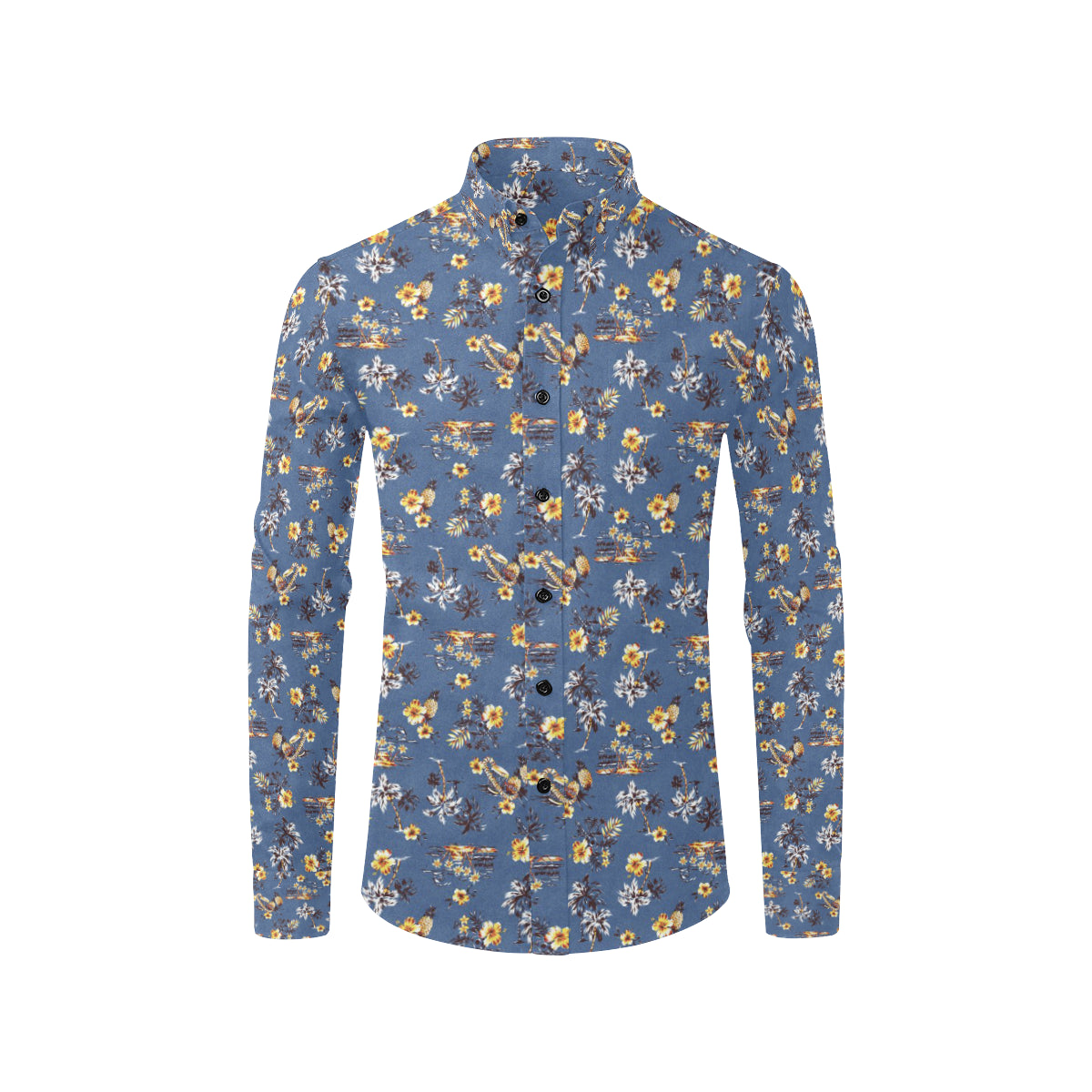 Hawaiian Flower Blue Print Men's Long Sleeve Shirt