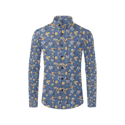 Hawaiian Flower Blue Print Men's Long Sleeve Shirt