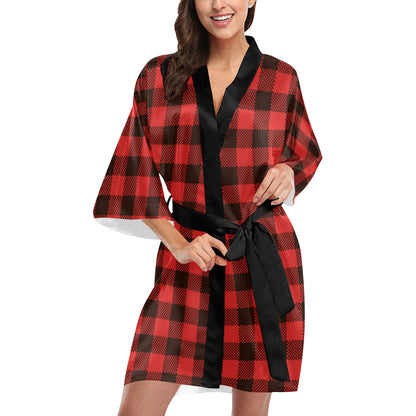 Buffalo check Red Pattern Print Design 05 Women's Short Kimono
