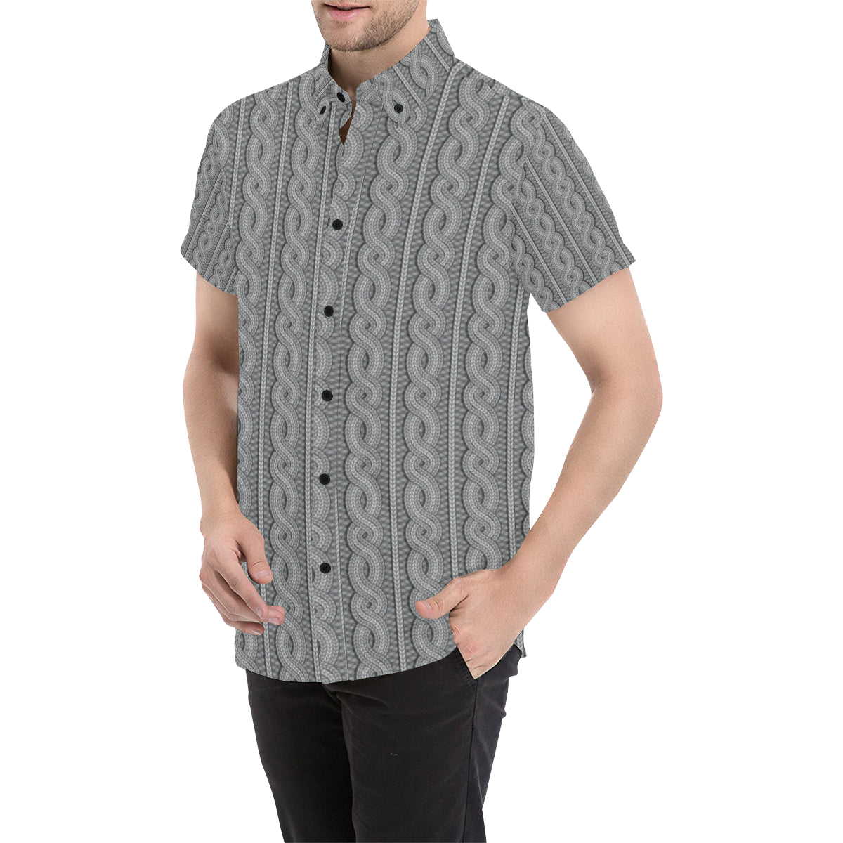Cable Knit Pattern Print Design 01 Men's Short Sleeve Button Up Shirt