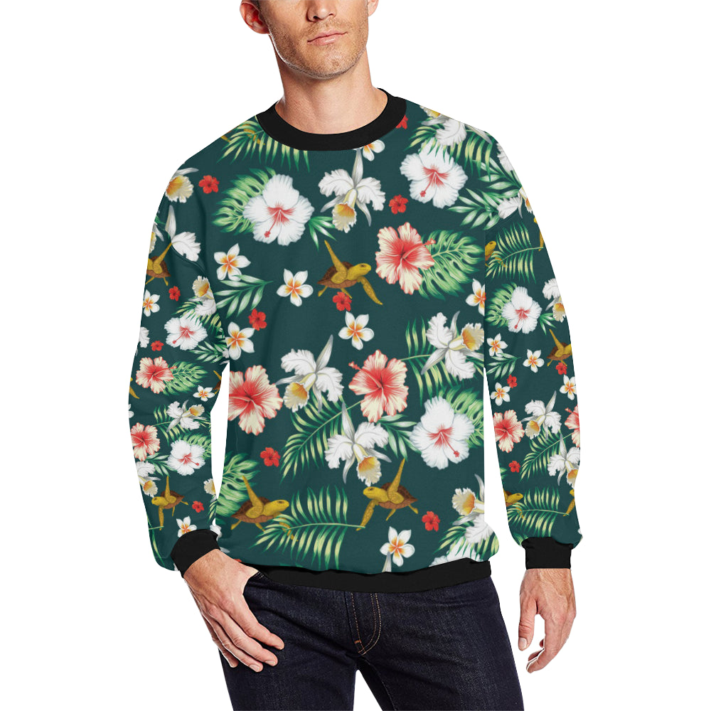 Hawaiian Flower Design with SeaTurtle Print Men Long Sleeve Sweatshirt