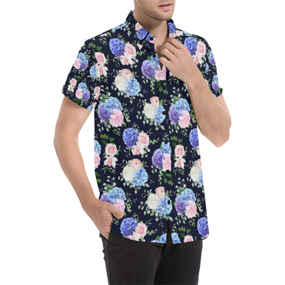 Hydrangea Pattern Print Design HD01 Men's Short Sleeve Button Up Shirt