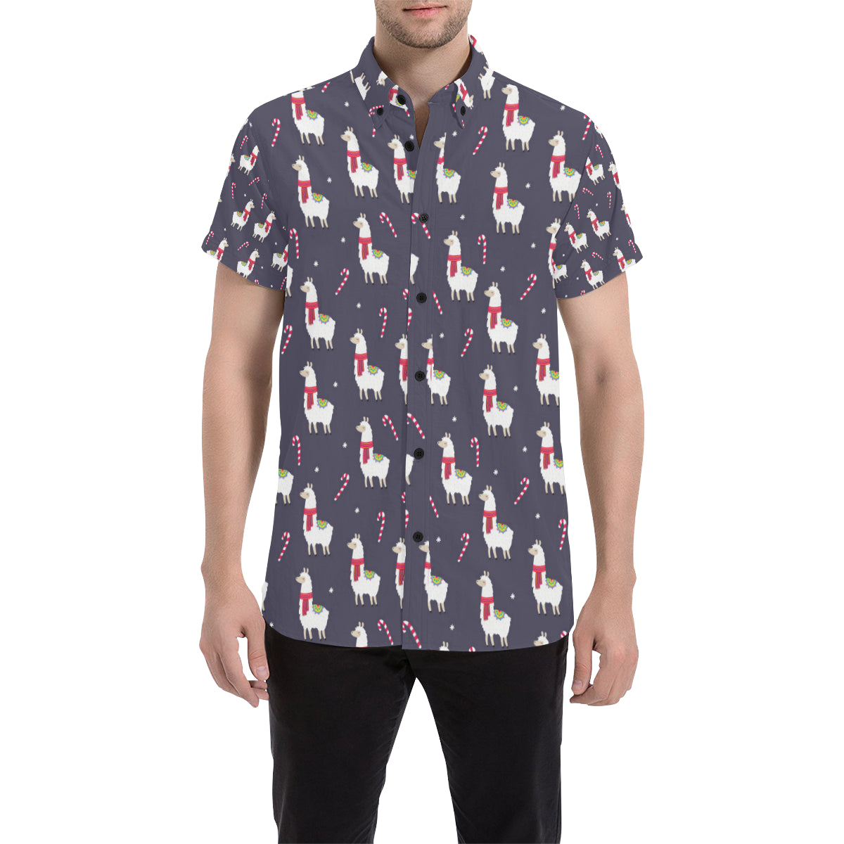 Llama with Candy Cane Themed Print Men's Short Sleeve Button Up Shirt