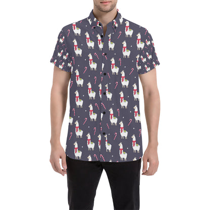Llama with Candy Cane Themed Print Men's Short Sleeve Button Up Shirt