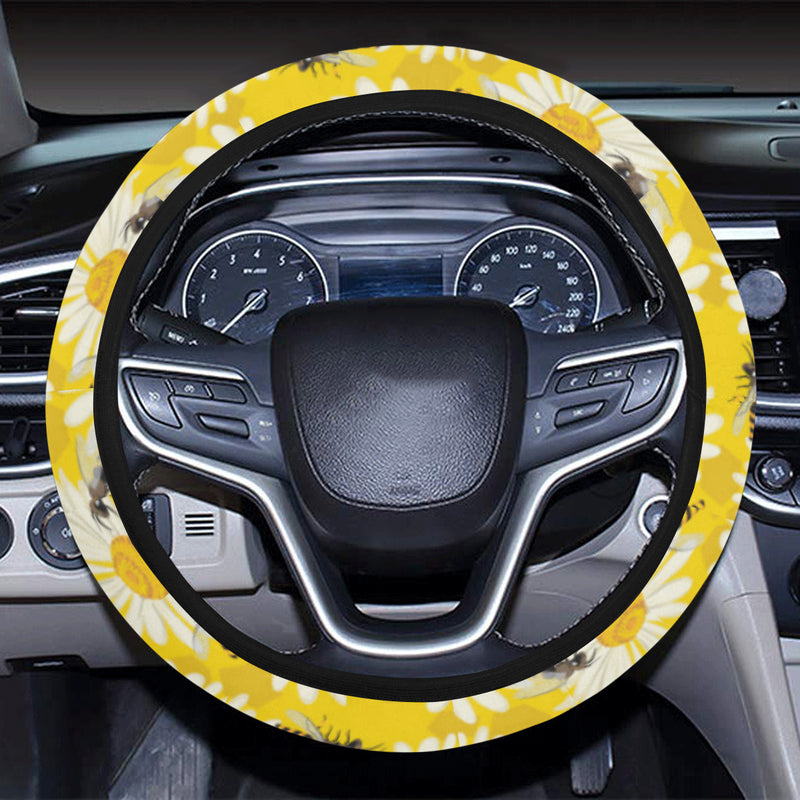 Bee Daisy Pattern Print Design 06 Steering Wheel Cover with Elastic Edge