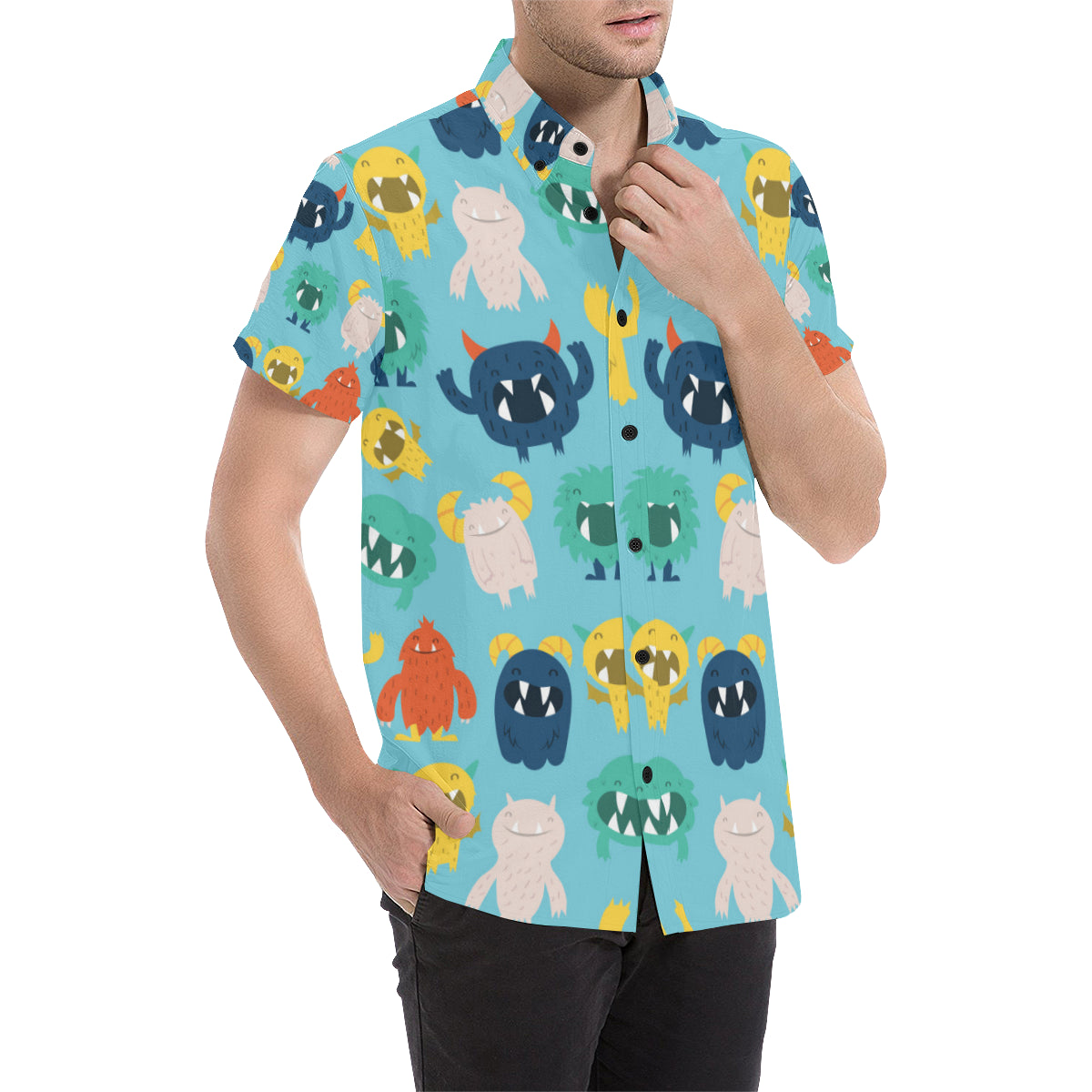 Monster Cartoon Pattern Print Design 03 Men's Short Sleeve Button Up Shirt