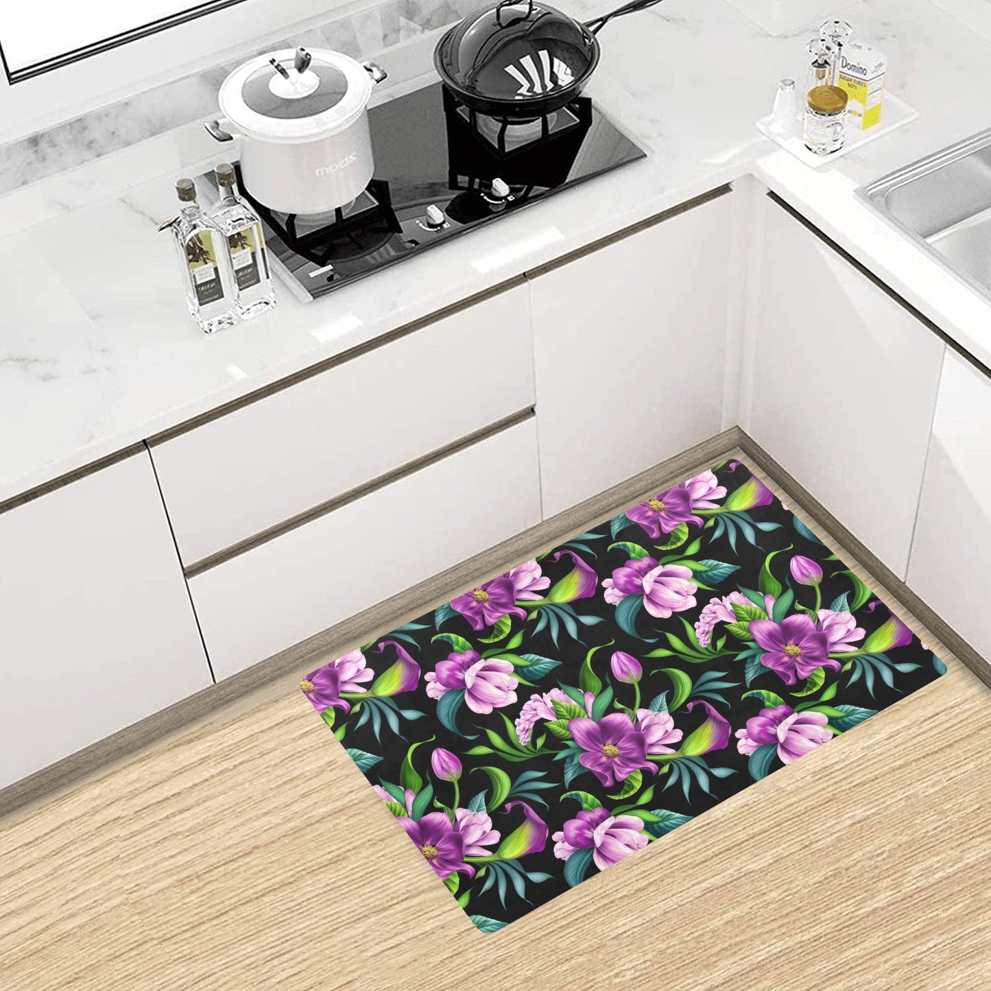 Bright Purple Floral Pattern Kitchen Mat