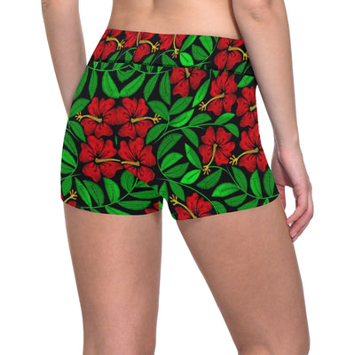 Red Hibiscus Embroidered Pattern Print Design HB03 Yoga Shorts