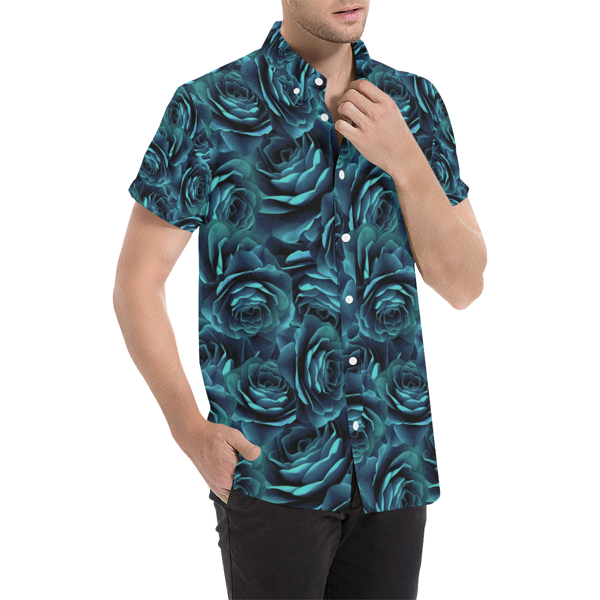 Camellia Pattern Print Design CM04 Men's Short Sleeve Button Up Shirt