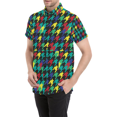 Houndstooth Colorful Pattern Print Design 02 Men's Short Sleeve Button Up Shirt