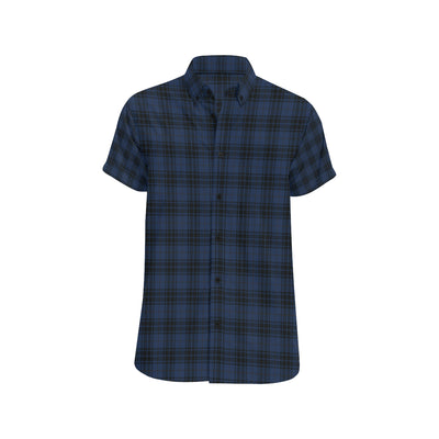 Navy Blue Tartan Plaid Pattern Men's Short Sleeve Button Up Shirt