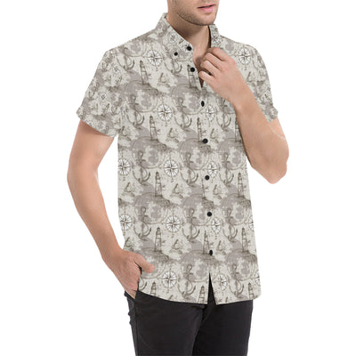 Nautical Map Design Themed Print Men's Short Sleeve Button Up Shirt