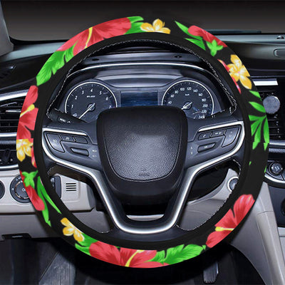 Pink Red Hibiscus Pattern Print Design HB023 Steering Wheel Cover with Elastic Edge