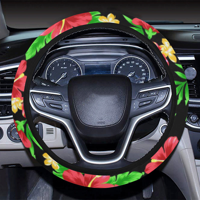 Pink Red Hibiscus Pattern Print Design HB023 Steering Wheel Cover with Elastic Edge