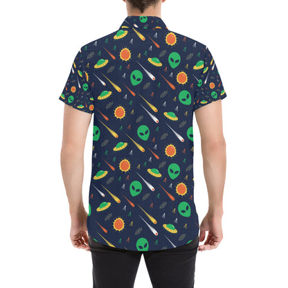 Alien UFO Pattern Print Design 05 Men's Short Sleeve Button Up Shirt