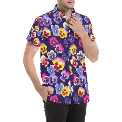 Pansy Pattern Print Design PS04 Men's Short Sleeve Button Up Shirt