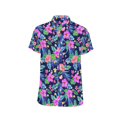 Neon Hibiscus Pattern Print Design HB016 Men's Short Sleeve Button Up Shirt