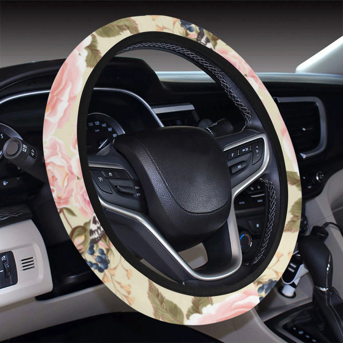 Floral Pink Butterfly Print Steering Wheel Cover with Elastic Edge