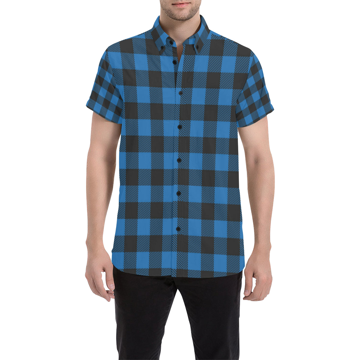 Buffalo check Blue Pattern Print Design 03 Men's Short Sleeve Button Up Shirt