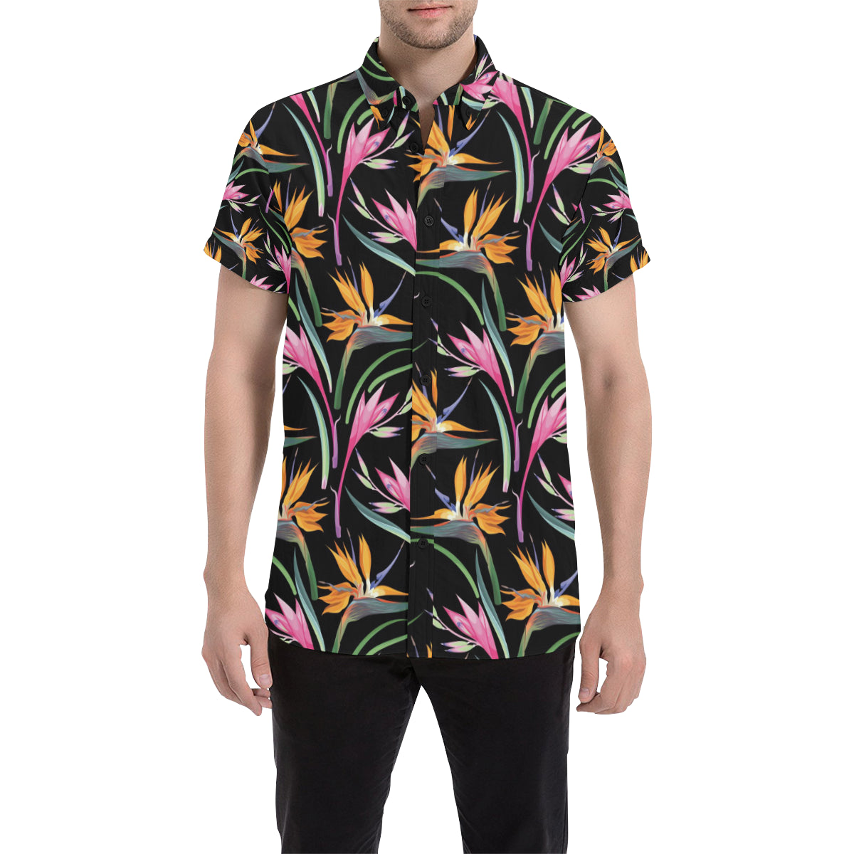 Tropical Flower Pattern Print Design TF017 Men's Short Sleeve Button Up Shirt