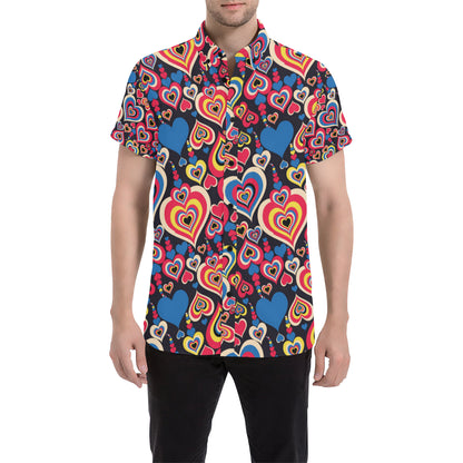 Heart Pattern Print Design HE08 Men's Short Sleeve Button Up Shirt