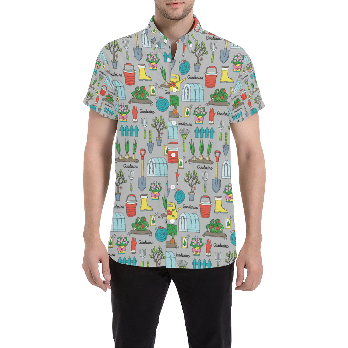 Gardening Pattern Print Design G07 Men's Short Sleeve Button Up Shirt