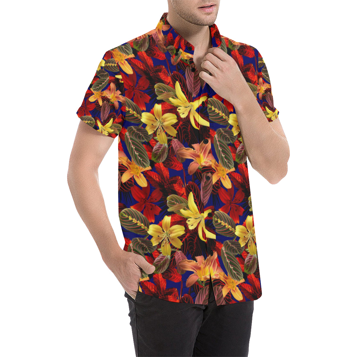 Lily Pattern Print Design LY014 Men's Short Sleeve Button Up Shirt