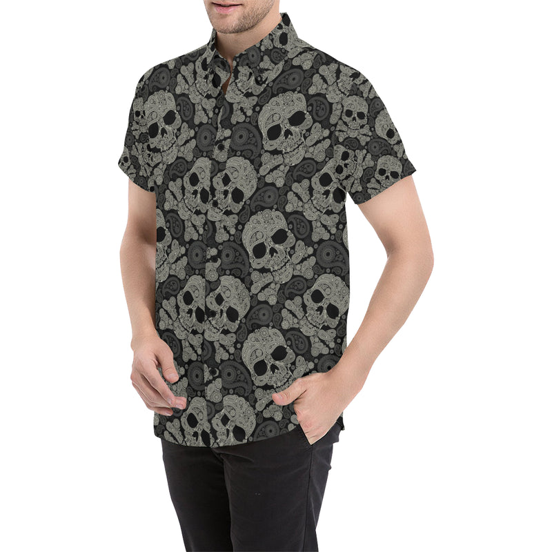 Paisley Skull Pattern Print Design A01 Men's Short Sleeve Button Up Shirt