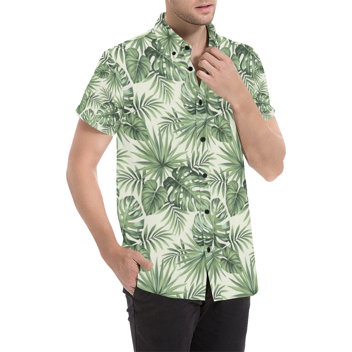 Palm Leaf Pattern Print Design A02 Men's Short Sleeve Button Up Shirt