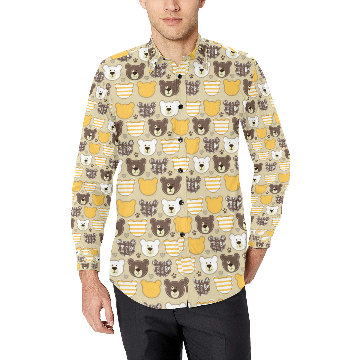 Bear PatchworkPattern Print Design 01 Men's Long Sleeve Shirt