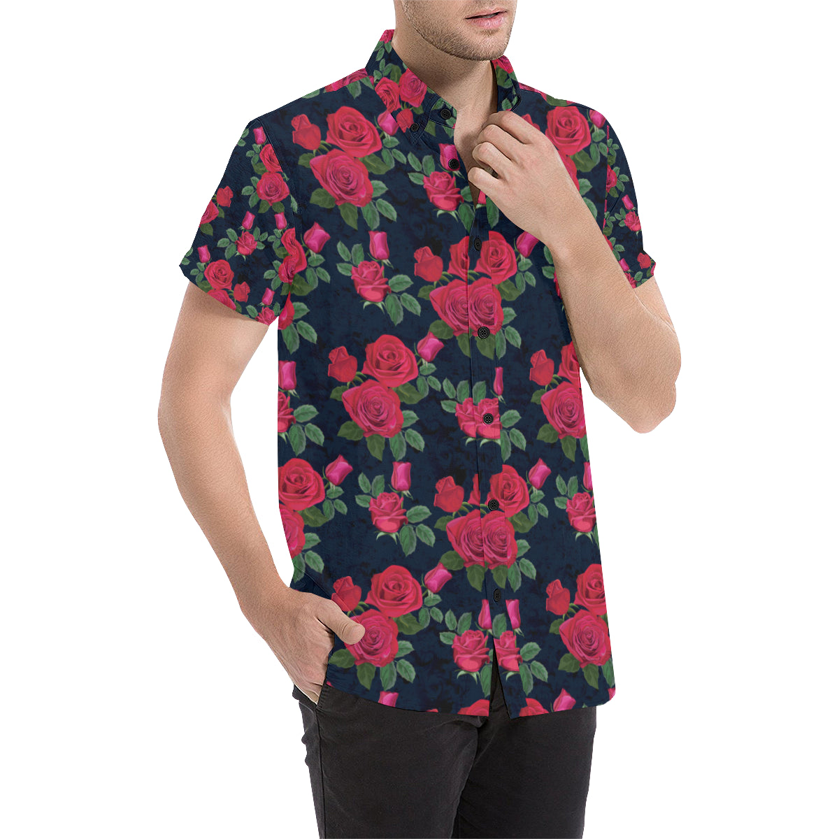 Rose Pattern Print Design A04 Men's Short Sleeve Button Up Shirt