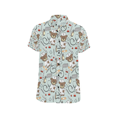 Nurse Bear Pattern Print Design A01 Men's Short Sleeve Button Up Shirt