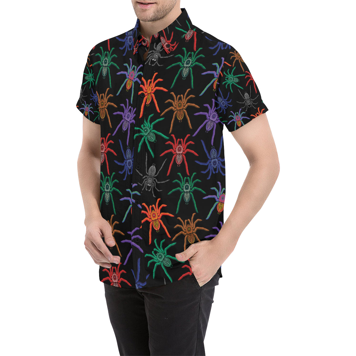 Tarantula Neon Color Pattern Print Design 03 Men's Short Sleeve Button Up Shirt