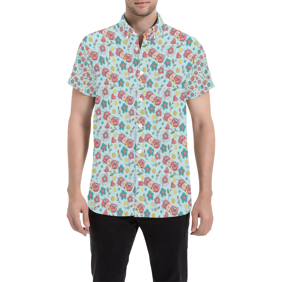 Crochet Pattern Print Design 01 Men's Short Sleeve Button Up Shirt