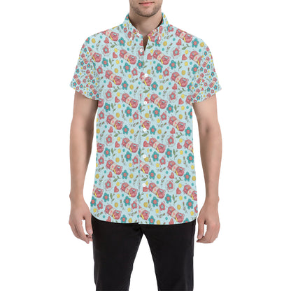 Crochet Pattern Print Design 01 Men's Short Sleeve Button Up Shirt