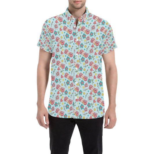 Crochet Pattern Print Design 01 Men's Short Sleeve Button Up Shirt