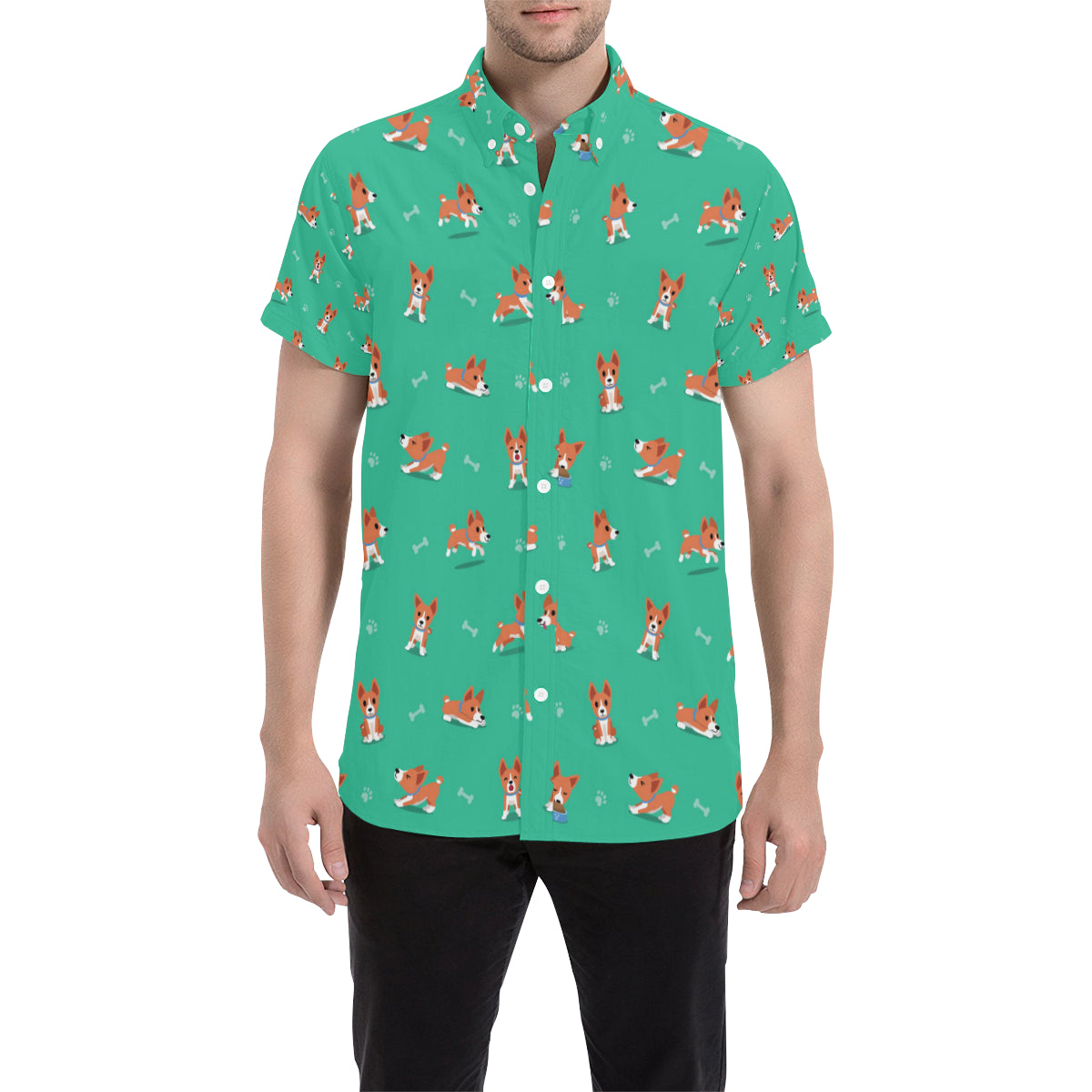 Basenji Pattern Print Design 02 Men's Short Sleeve Button Up Shirt