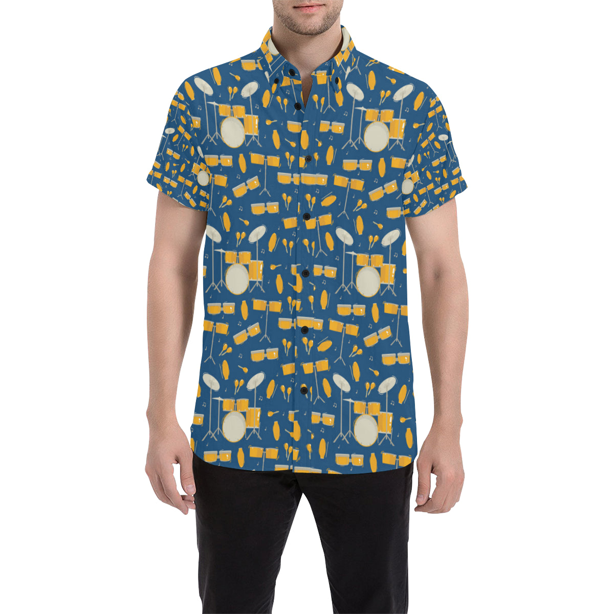 Drum Set Pattern Print Design 03 Men's Short Sleeve Button Up Shirt