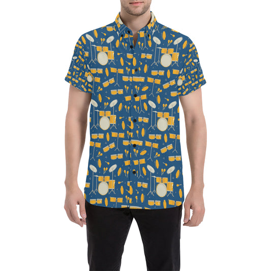Drum Set Pattern Print Design 03 Men's Short Sleeve Button Up Shirt