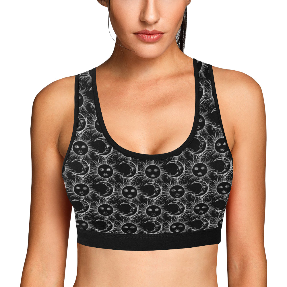 Sun Moon White Design Themed Print Sports Bra