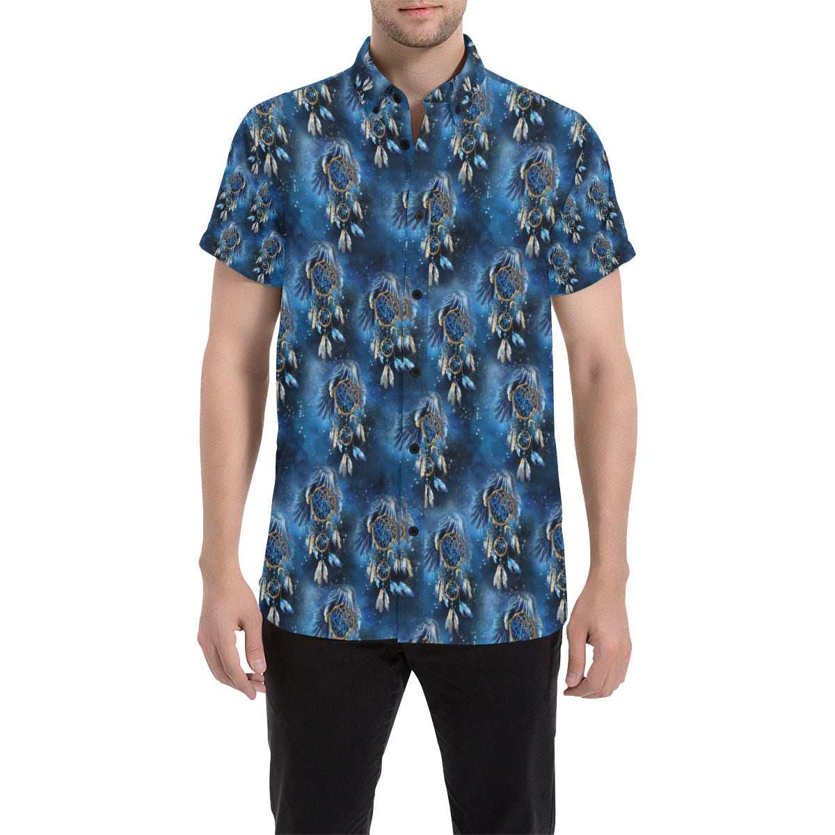 Eagles Dream Catcher Themed Men's Short Sleeve Button Up Shirt