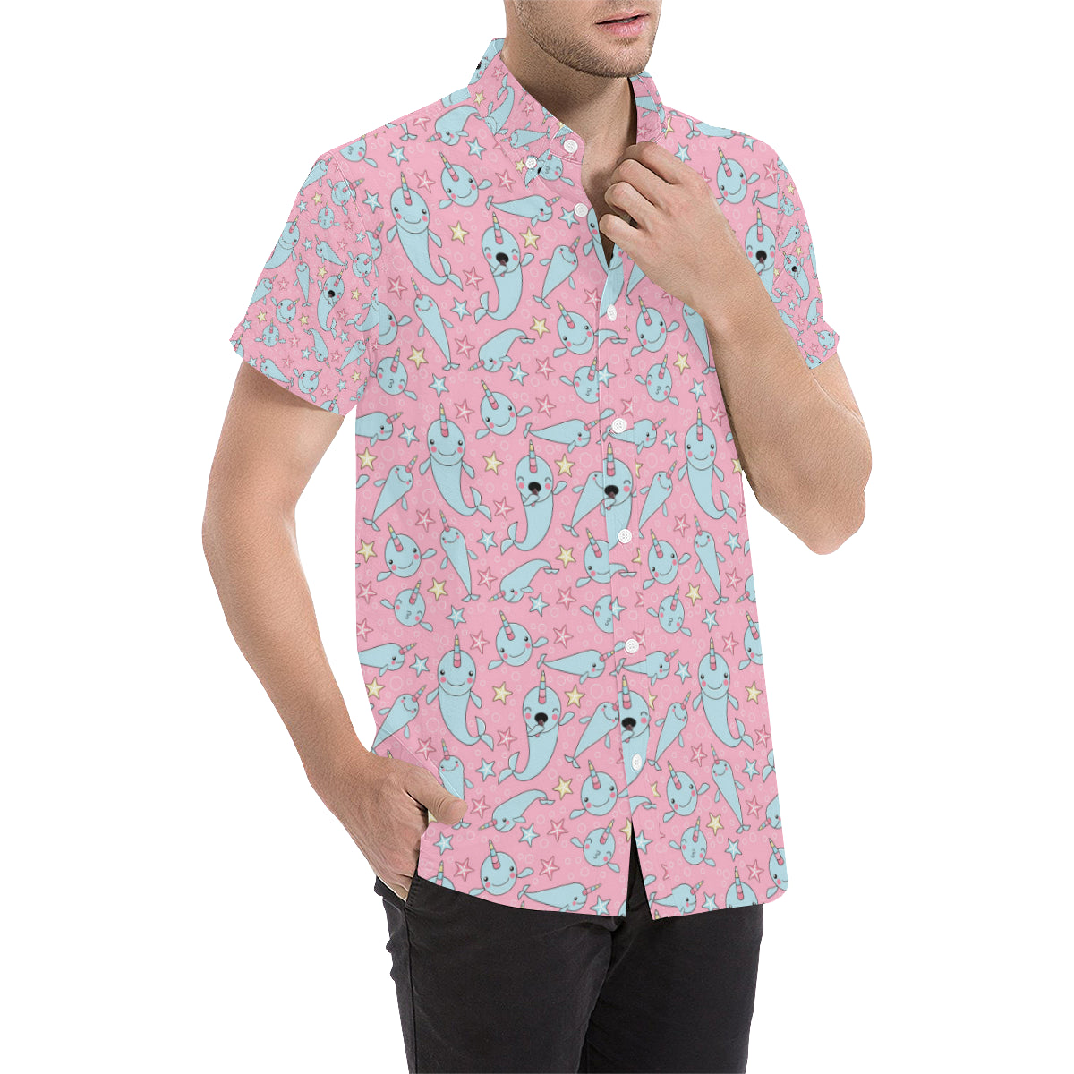 Narwhal Cartoon Cute Print Men's Short Sleeve Button Up Shirt
