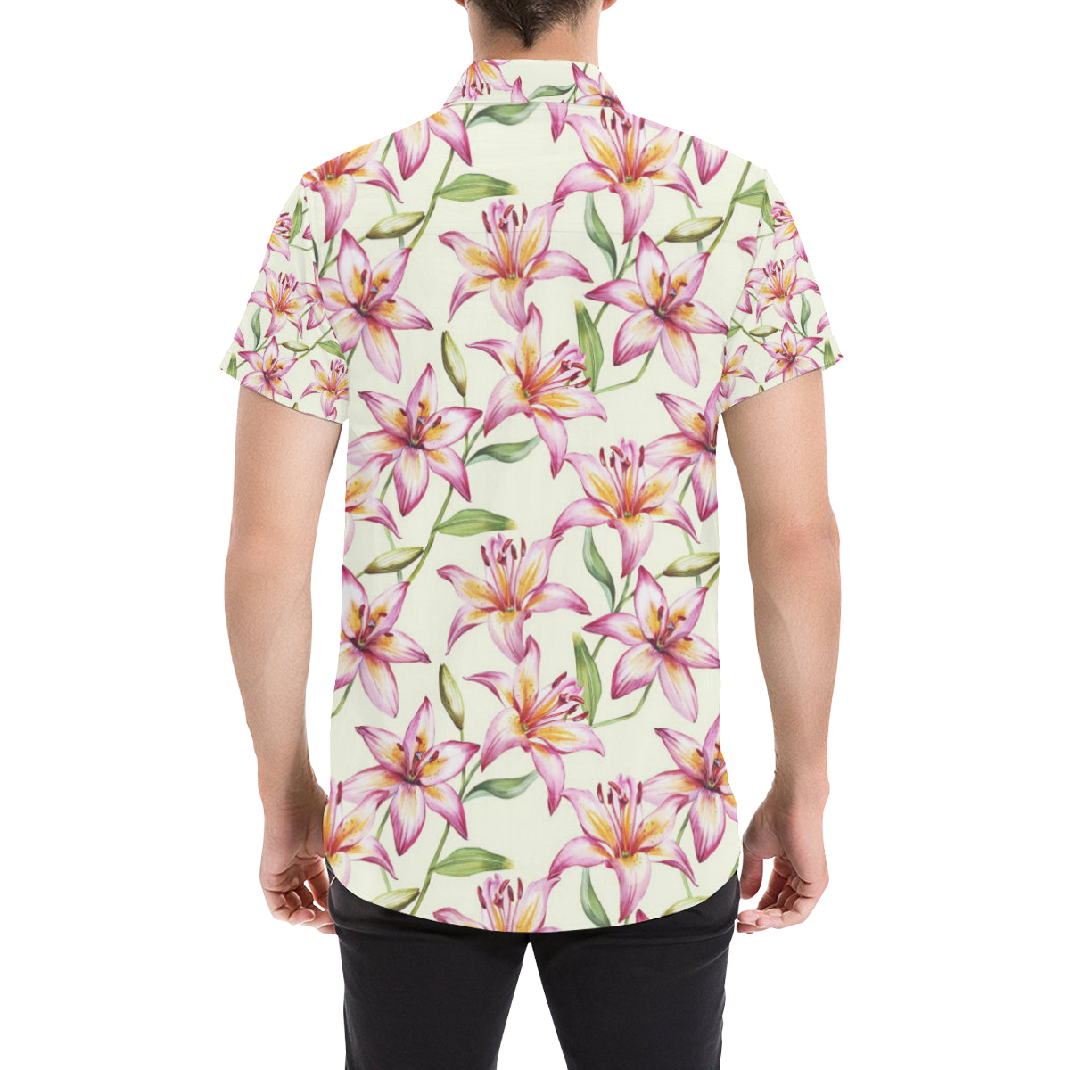 Lily Pattern Print Design LY011 Men's Short Sleeve Button Up Shirt