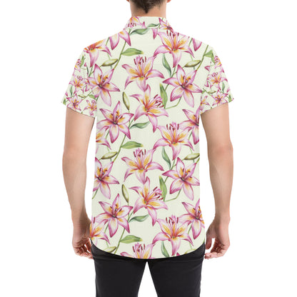 Lily Pattern Print Design LY011 Men's Short Sleeve Button Up Shirt