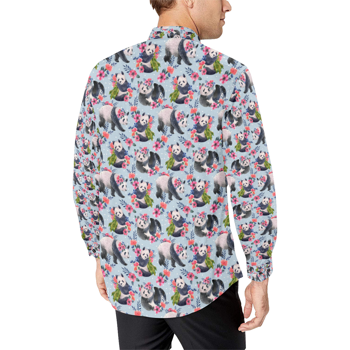 Panda Bear Flower Design Themed Print Men's Long Sleeve Shirt