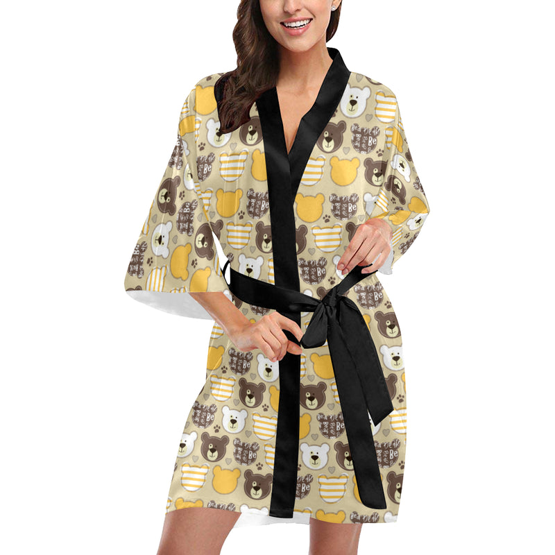 Bear PatchworkPattern Print Design 01 Women's Short Kimono