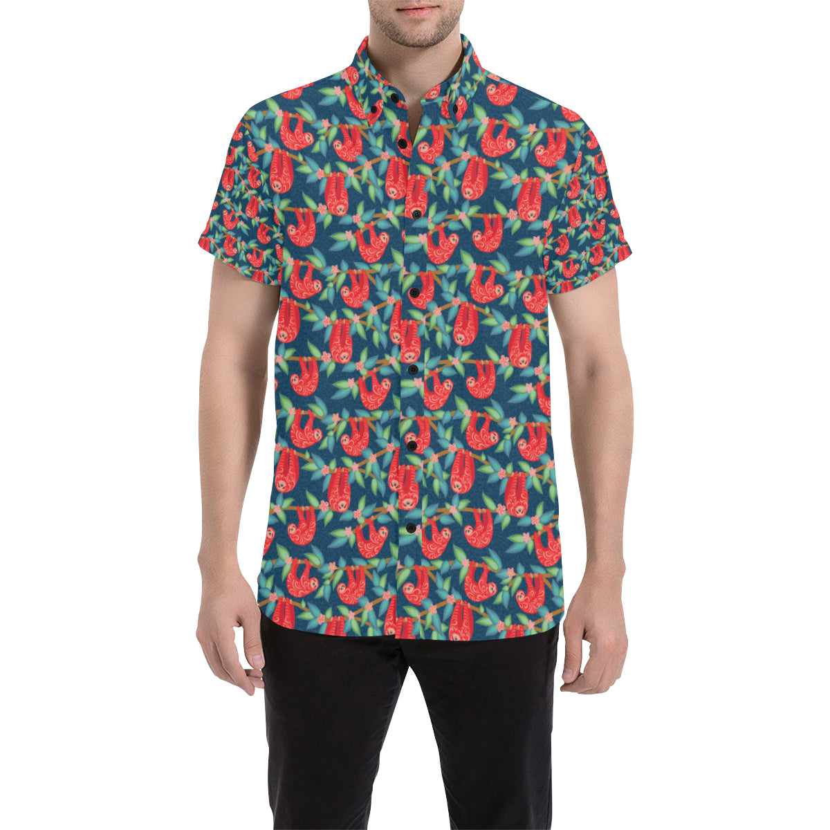 Sloth Red Design Themed Print Men's Short Sleeve Button Up Shirt