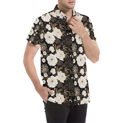Peony Pattern Print Design A02 Men's Short Sleeve Button Up Shirt
