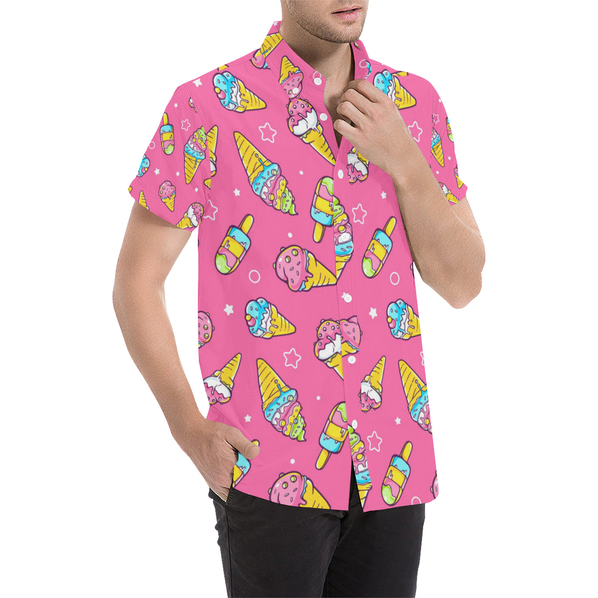 Ice Cream Pattern Print Design IC04 Men's Short Sleeve Button Up Shirt